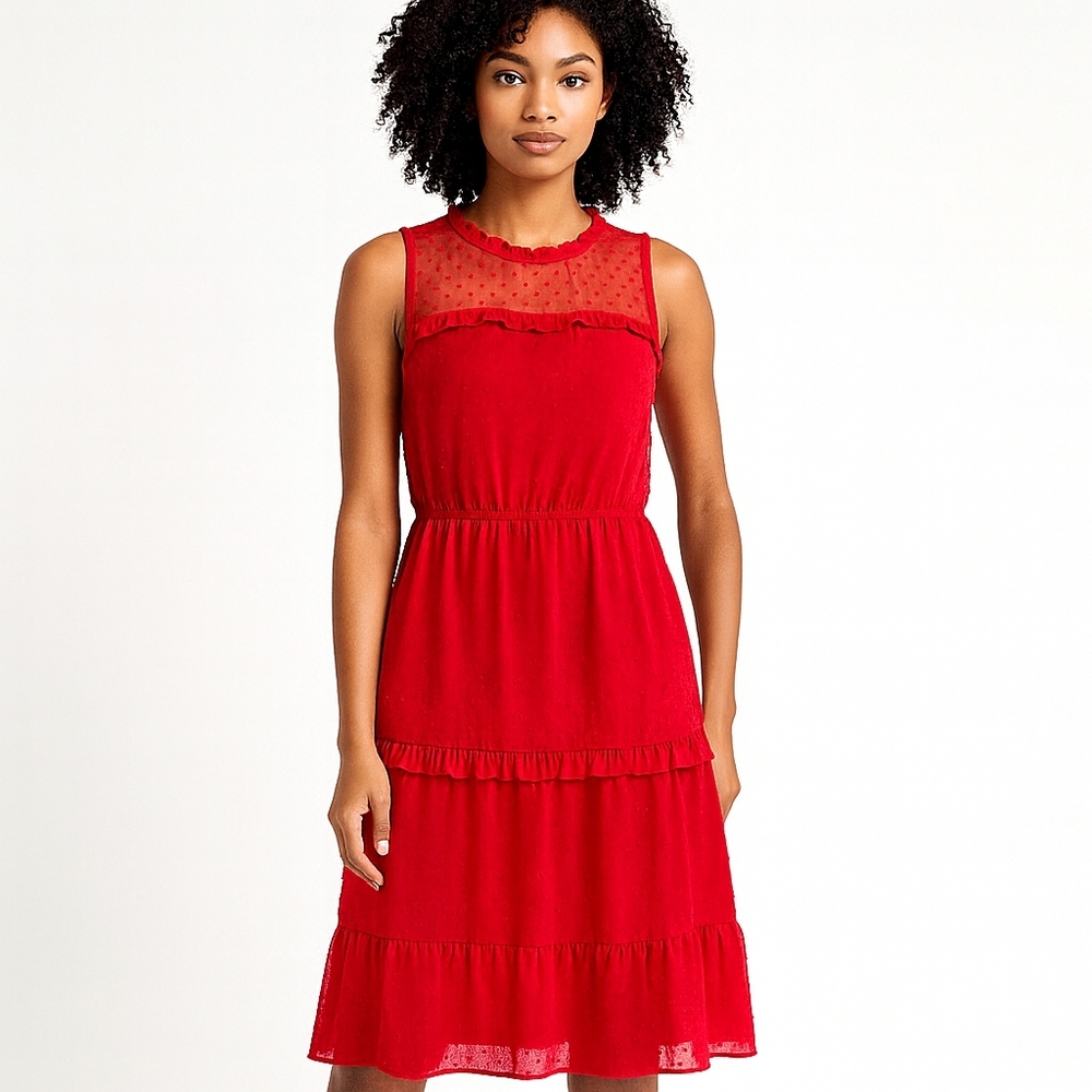 Monteau Los‎ Angeles Red Swiss Dot Tiered Midi Dress XS NWT Romantic Date Night
